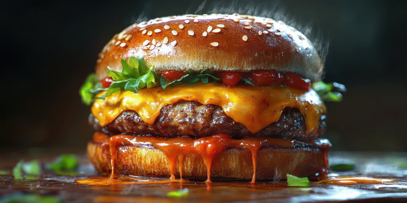 Mouthwatering cheeseburger with melted cheese and fresh toppings served on a wooden table